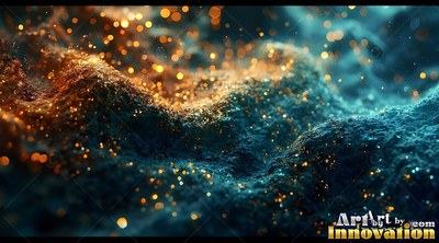 Drifting through dark space, gold glitter settles over rolling blue dunes