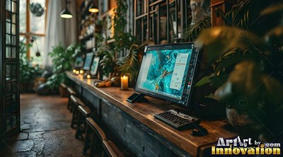 Computer screens on a long wooden desk with green house plants around