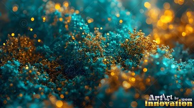 Rough grains of gold moss gather on teal minerals under warm blurred lights