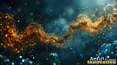 Gold dust drifts across dark blue space with bright specks of light