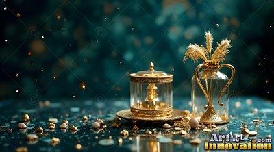 On a dark green surface, a small gold jar sits beside a glass bottle of wheat