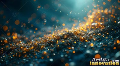 Floating over navy blue sand, bright golden bubbles catch soft light