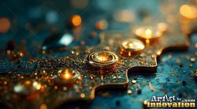 Gold metal strip with lit cups on a shadowy blue surface