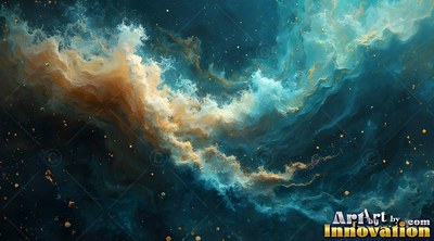 A cosmic cloud swirls across space with warm gold light against deep teal waves