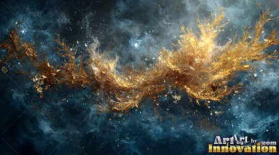Spreading across deep blue space, bright gold coral shapes drift like dust clouds