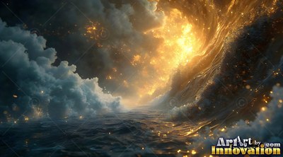 A dark ocean parts beneath storm clouds, opening toward bright golden light
