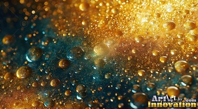 Shiny gold water droplets rest on dark blue sand under warm yellow light
