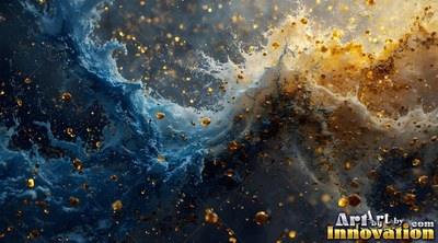 In dark space, blue water splashes into gold foam and floating beads