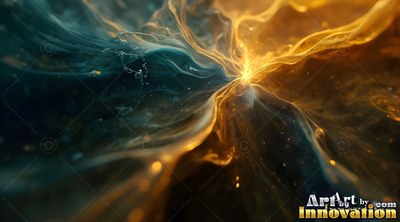 Colliding in a bright point, swirls of dark teal smoke meet gold light in the center
