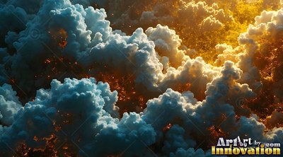 Blue and white smoke clouds filled with orange sparks