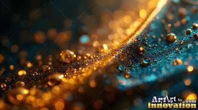 Shiny round surfaces on golden droplets resting along a deep blue sandy surface in warm light