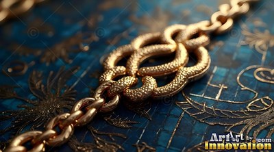 A gold chain rests diagonally on a dark teal surface with soft light glinting off its textured links
