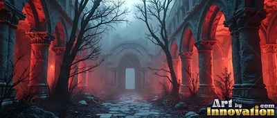 In old stone ruins, arched walkways flank a foggy courtyard lit by red shine