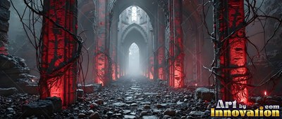 Standing in thick fog, broken stone arches line a gravel hall lit with red light