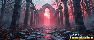 Crumbling stone ruins stand on a rocky path under dense red fog at sunset