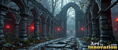 Crumbling stone arches line a cobblestone path past red torches in a foggy courtyard