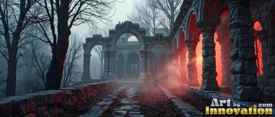 Old stone arches line a cobblestone path beside red light shining through mist