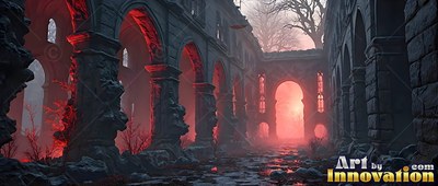 Facing forward through ruined gray stone arches along a path filled with thin red mist
