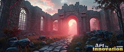 Stone cathedral ruins with bright pale red light shining through a central archway