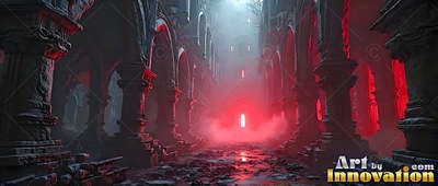 In stone cathedral ruins, heavy red fog fills a corridor lined with arches