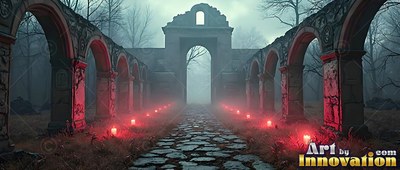 Flanked by red candles, a stone path leads to broken arches in dense gray fog
