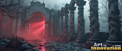 Ruined stone archway with bright red light shining through gray mist