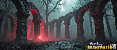 Cracked stone arches in gothic ruins stand over red illumination and dark bare trees in thick fog