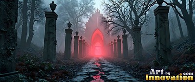 Old stone pillars line a path leading to a gothic arch shining bright red in mist