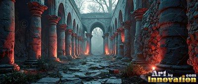Looking straight down a ruined gothic walkway lit by red fire