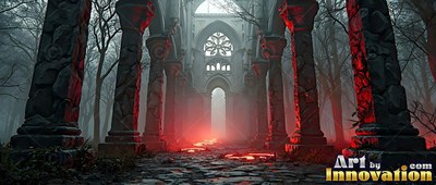 Tall stone pillars of a ruined church line a path lit by red fog in a dark forest