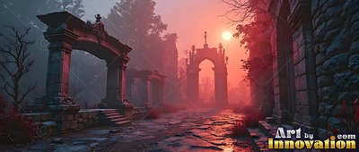 In red twilight haze, stone archways line an empty cobbled courtyard