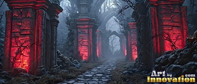 Flanking a stone path, upright stone pillars shine with red light in a foggy ruin