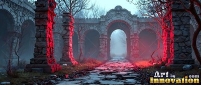 Stone archway ruins along a path lit by bright red light in fog