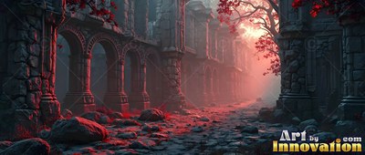 Cracked old stone arches line a cobblestone path through gothic ruins filled with hazy red mist