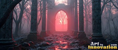Heavy stone pillars stand in a foggy forest where red twilight shines through an arch