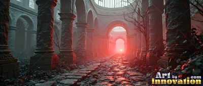 Looking straight down a stone ruin path filled with red haze