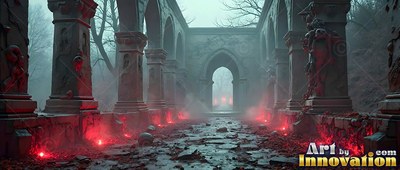 Red lights shine along the floor of ruined tall stone arches in gray fog