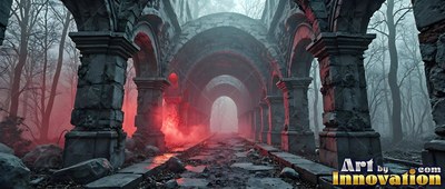 In a foggy forest, broken stone arches line a path covered in red smoke
