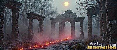 Standing in foggy woods under a full moon, stone ruins line a burning path