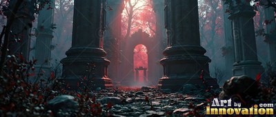 Stone pillars and an archway stand in red forest mist