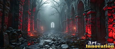 Red shine on crumbling stone columns along a damp gothic ruins hallway with fog