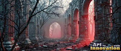 A cracked stone hall stands among bare trees with deep red mist between the arches