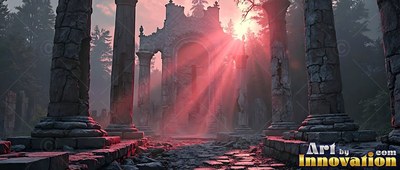 Facing forward down a stone path through gothic ruins with pink light rays