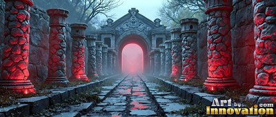 Stone columns line a wet path leading to an arch thick with heavy red fog