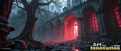 In a stone courtyard, bright red light shines from a ruined cathedral entrance beside a bare tree
