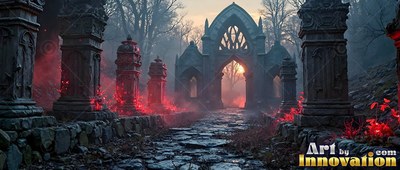 Standing in thick low red mist, a ruined gothic stone arch frames the sunset