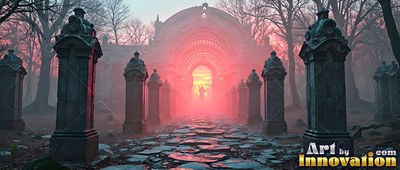 Stone pillars line a path to a ruined arch with thin red mist