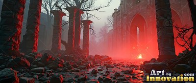 Cracked stone columns rise along a rubble path before ruined gothic arches in thick red fog
