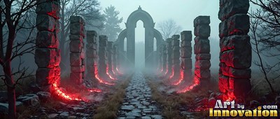 Stone pillars line a cobbled path toward an archway, lit with red fire below