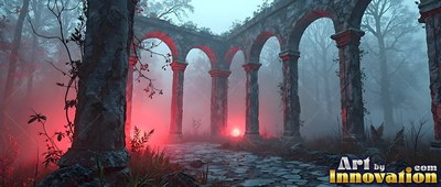 Curving stone archways stand in a misty forest heavy with bright red light